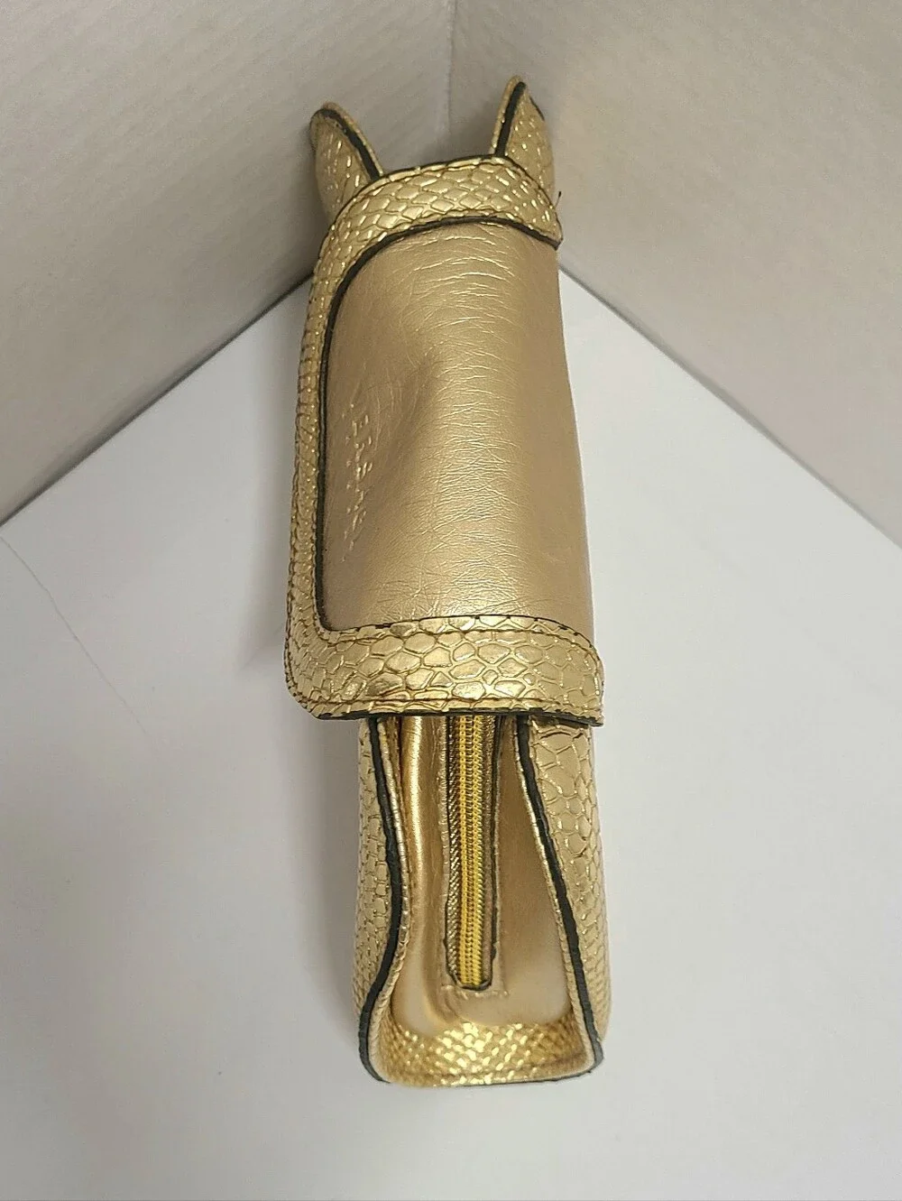 Vtg Versace Y2K Cosmetic Pouch Clutch Bag Gold Metallic Embossed Snakeskin Trim